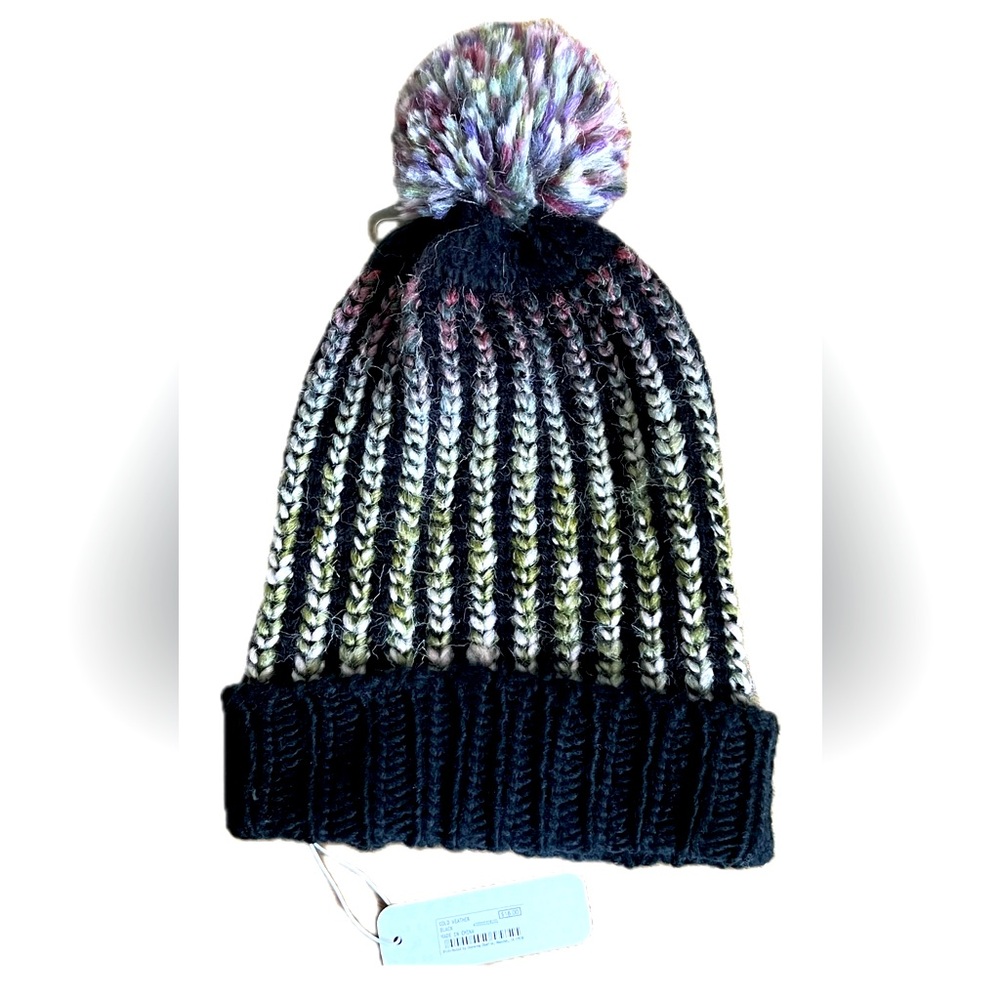 Charming Charlie NWT Black Multicolor Knit Pom Pom Beanie Hat OS